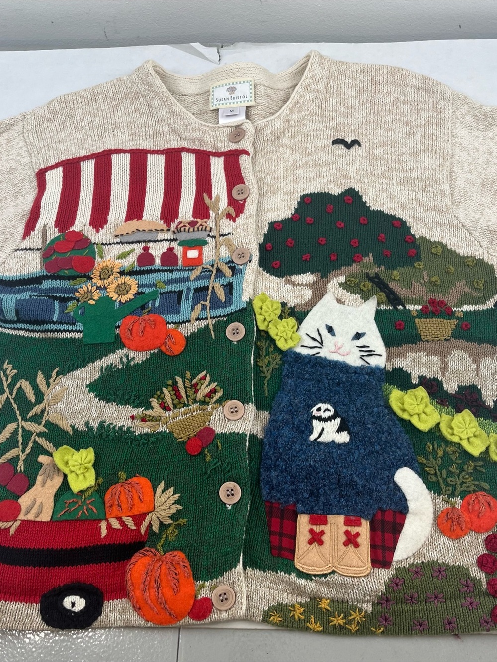 Vintage 1999 Susan Bristol Farm Garden 3D Embroidered Cardigan Sweater M - Picture 6 of 8